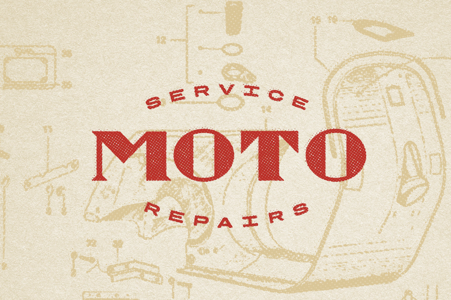 Vintage motorcycle repair service design template with tools and text on textured background for graphics category.